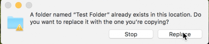 Screenshot of asking user to confirm that they want to replace the folder, with cursor hovering on replace button.