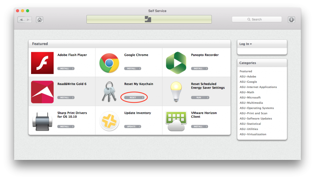 Mac Self Service portal, with the Reset button under "Reset My Keychain" circled in red. 