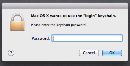 Mac dialog box titled "Mac OS X wants to use the "login" keychain." with a password field and a blue button labeled "OK."