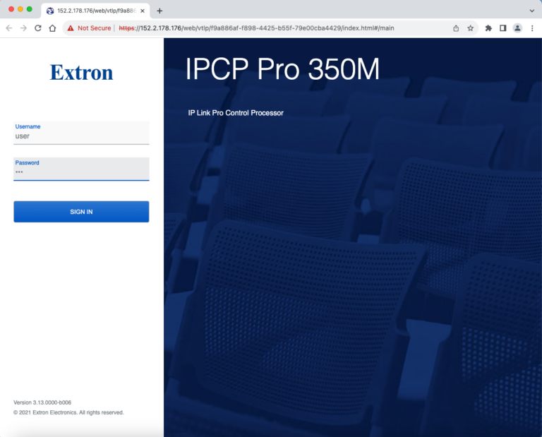 Internet browser window showing login portal for Extron