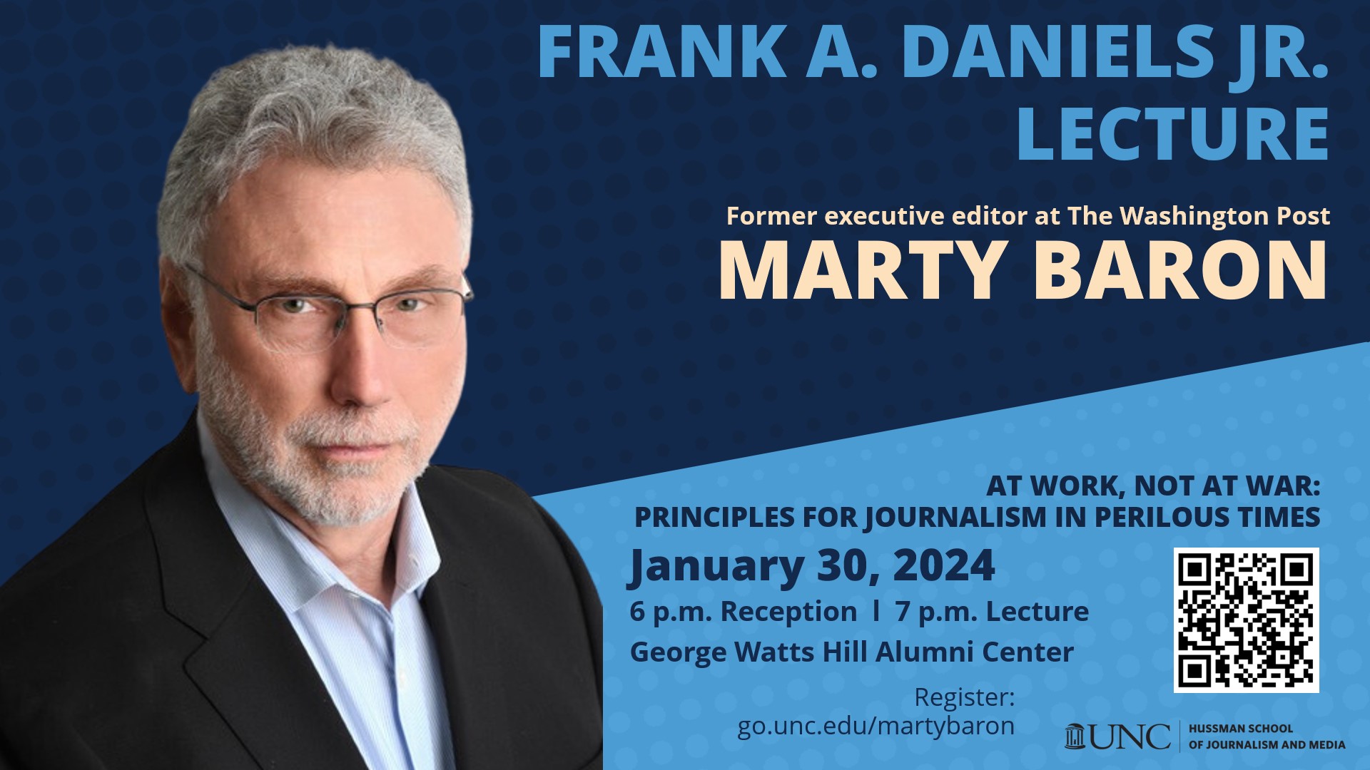 Flyer with a picture of Marty Baron advertising details for a special lecture. 
