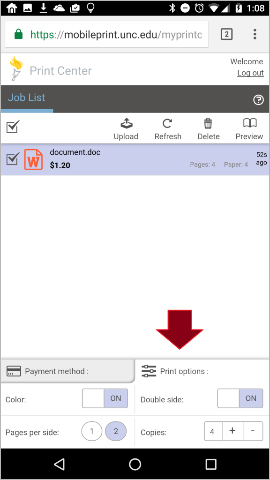 Mobile print app screenshot, with a red arrow pointing to the print options tab at the bottom of the screen.