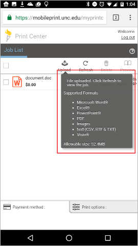 Screenshot of mobile print app with a dropdown box from the upload button listing supported file types. 