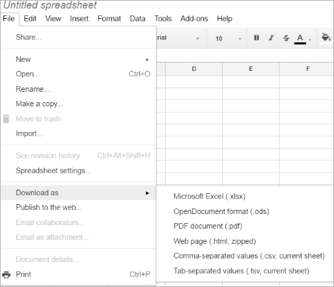 Screenshot of a Google Sheet, with the file menu showing the expanded "download as" menu