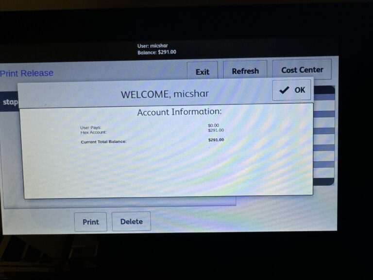 Printer screen showing a welcome message displaying account name and account balances. 