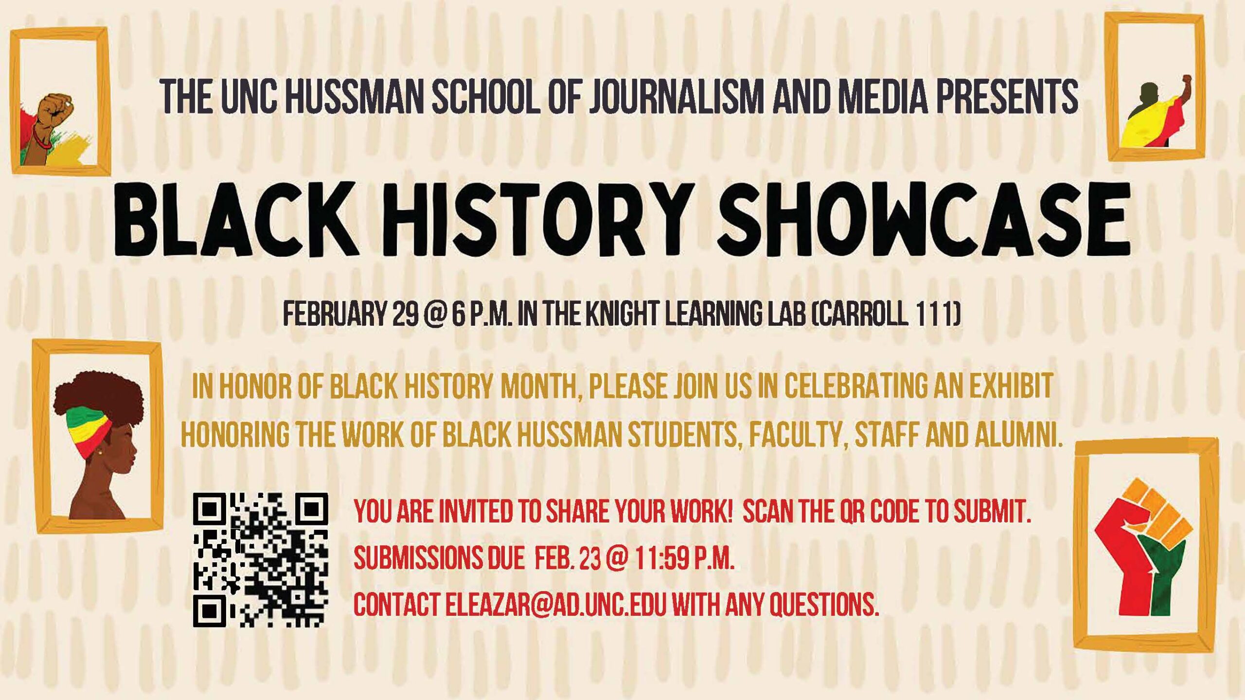 Flyer for Black History Showcase on February 29 at 6 P.M. in the Knight Learning Lab/Carroll 111